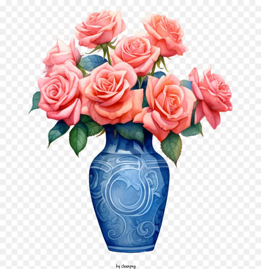 Jarrón Azul，Rose Bouquet PNG