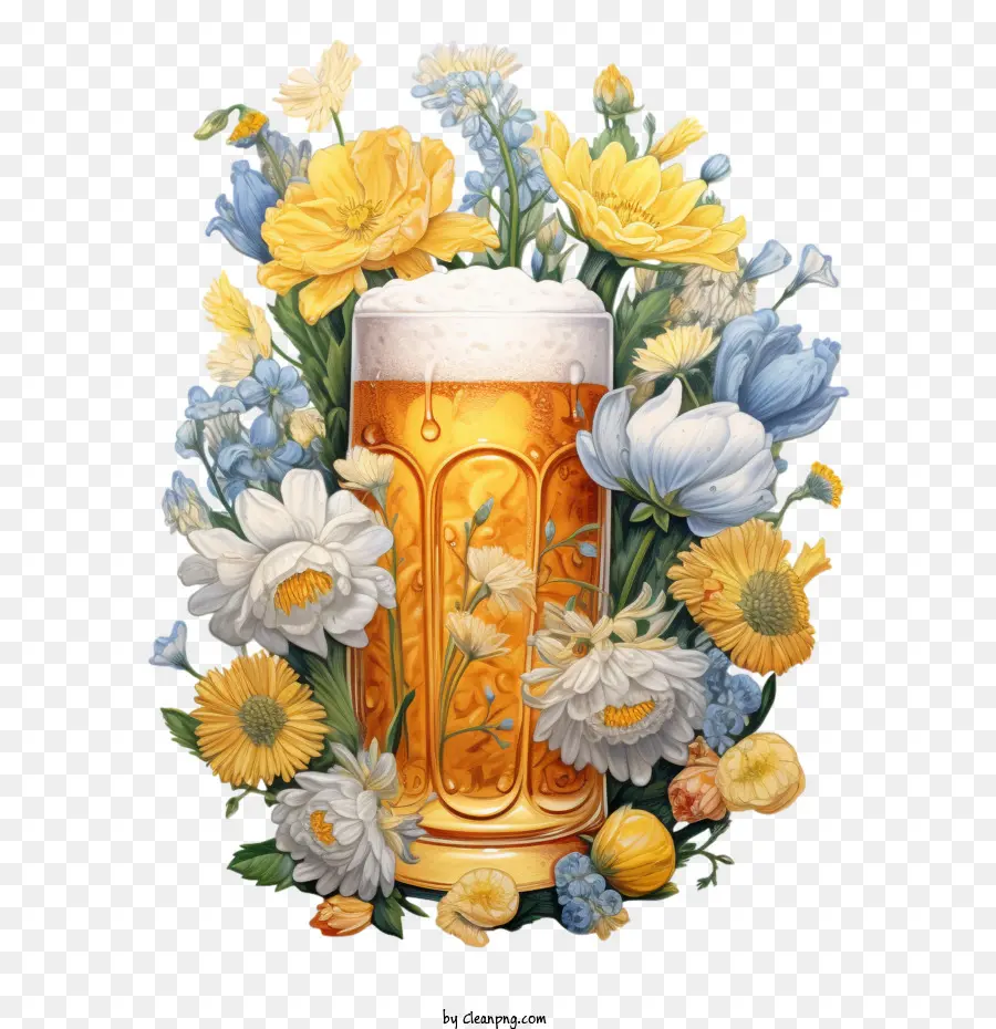 Cerveza，Cerveza Con Flores PNG