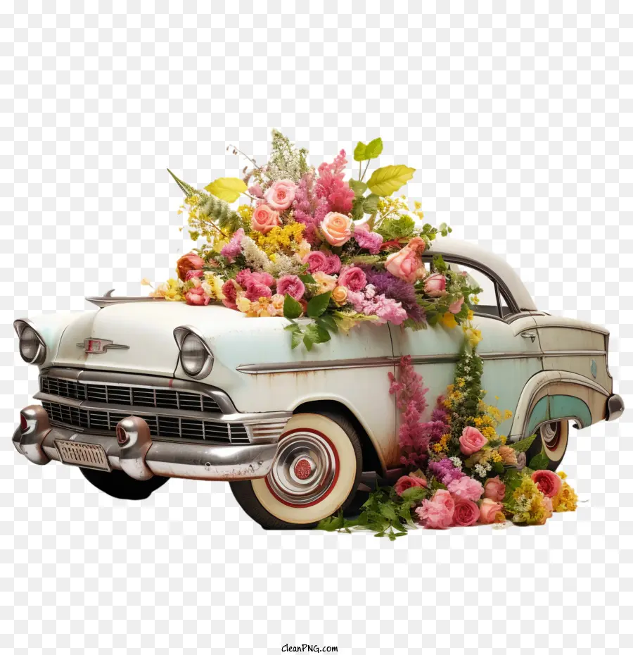 Día De Agradecimiento Al Coche De Colección，Coche Antiguo Con Flores PNG