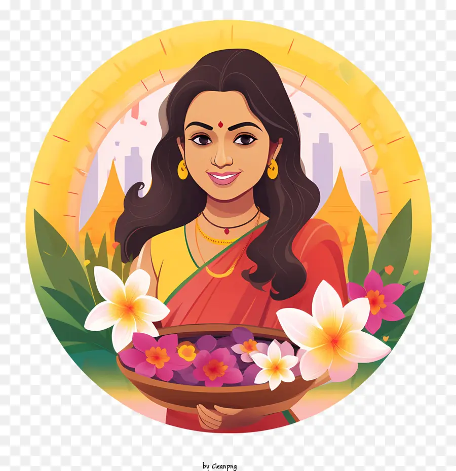 Onam，Mujer Con Flores PNG