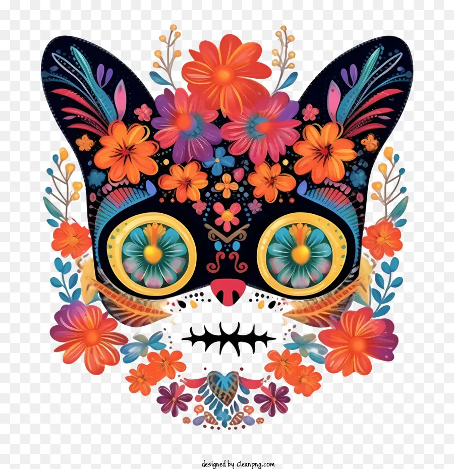 Día De Los Muertos，Cara De Gato Colorida PNG