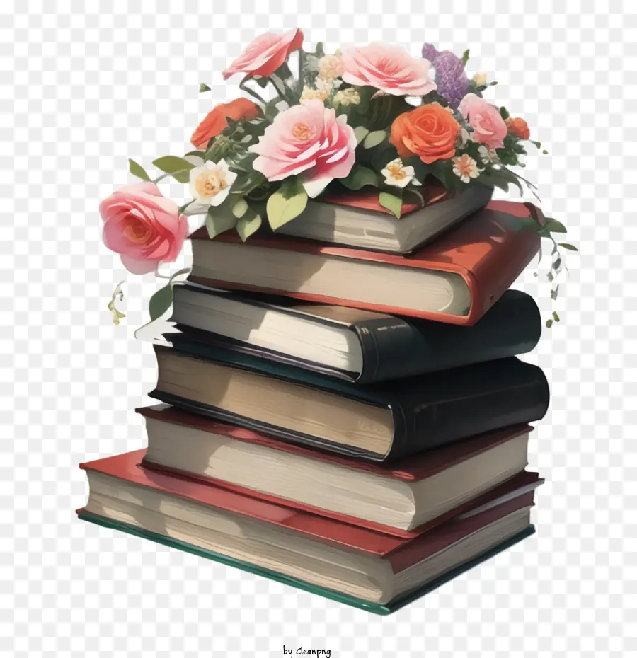 Pila De Libros，Arreglo De Flores PNG