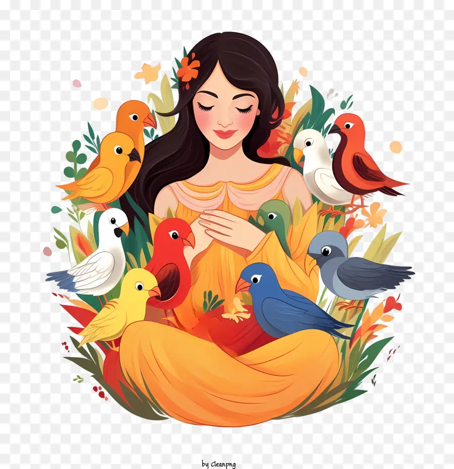 Día Mundial De La Bondad，Mujer Con Pájaros PNG