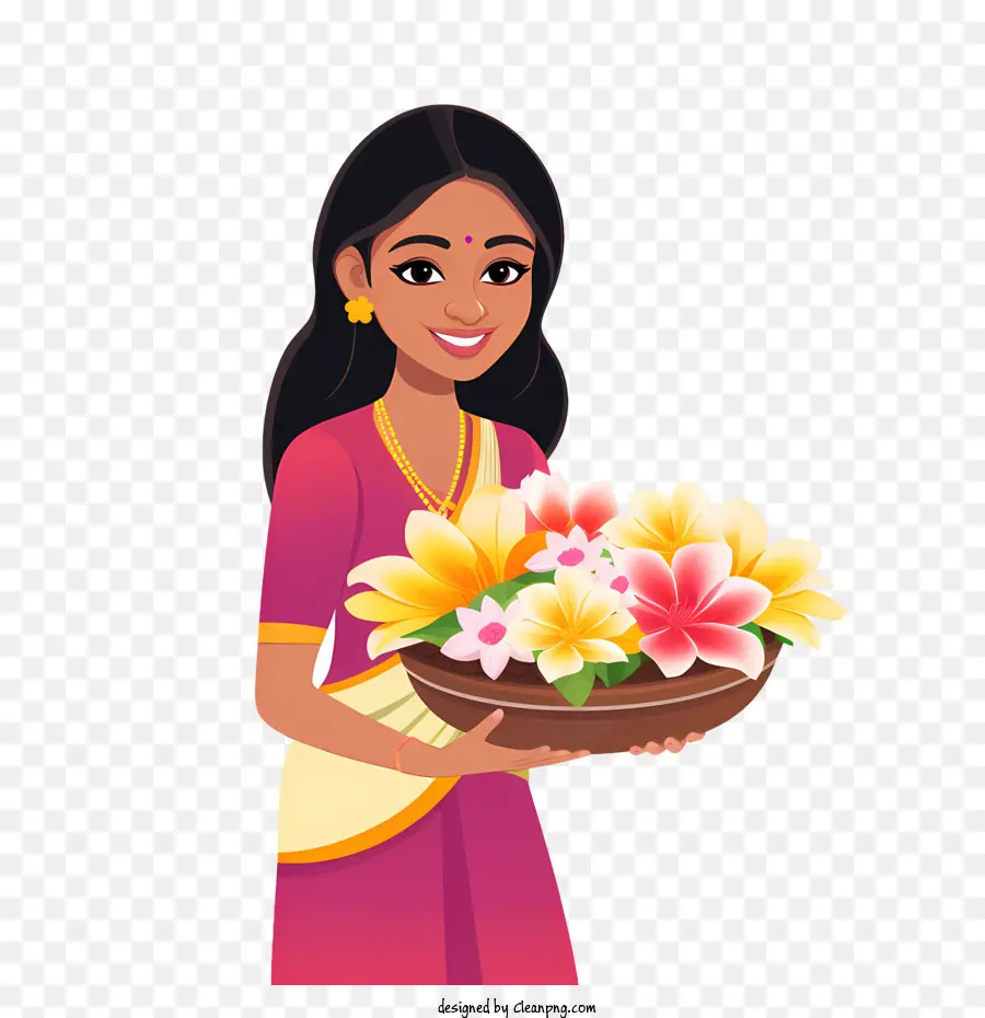 Onam，Mujer Con Flores PNG