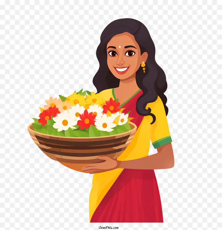 Onam，Mujer Con Flores PNG