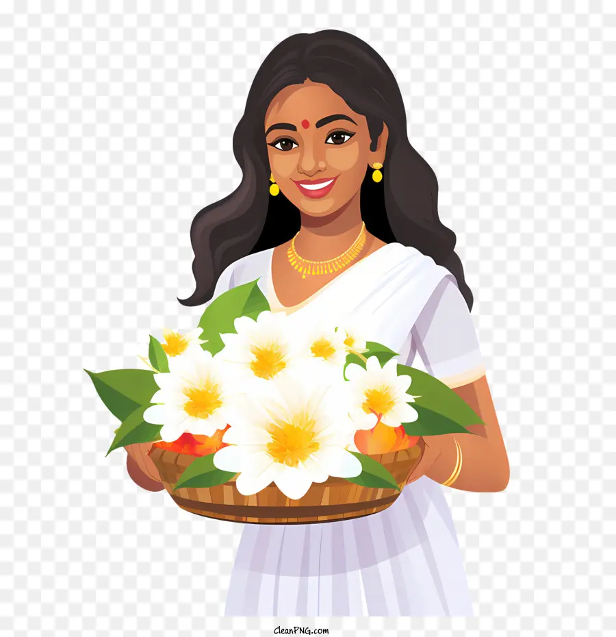 Onam，Mujer Con Flores PNG