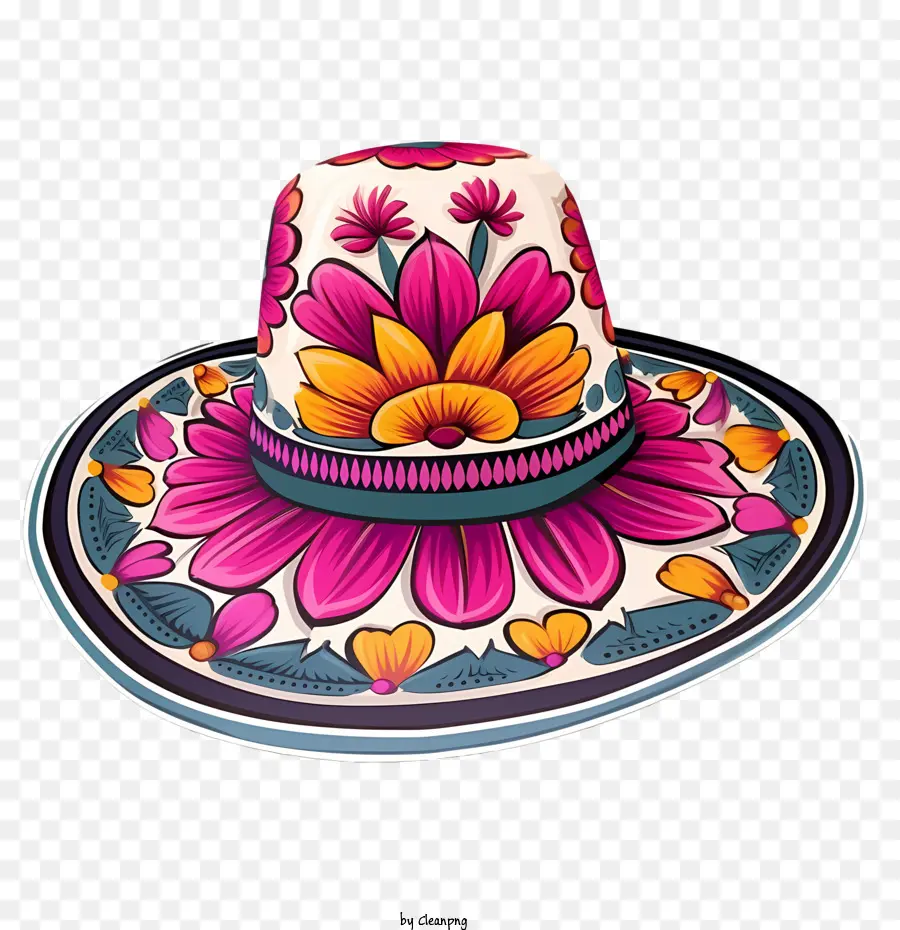 Sombrero Mexicano，Diseño Floral Colorido PNG