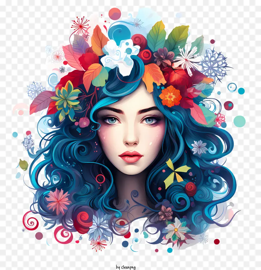 Niña De Dibujos Animados，Mujer De Pelo Azul Con Flores PNG