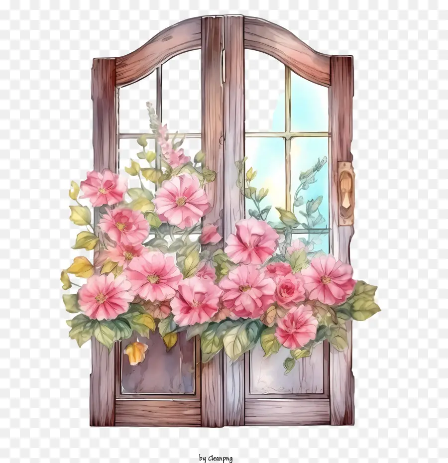 Puerta De Madera，Puerta Abierta Con Flores PNG