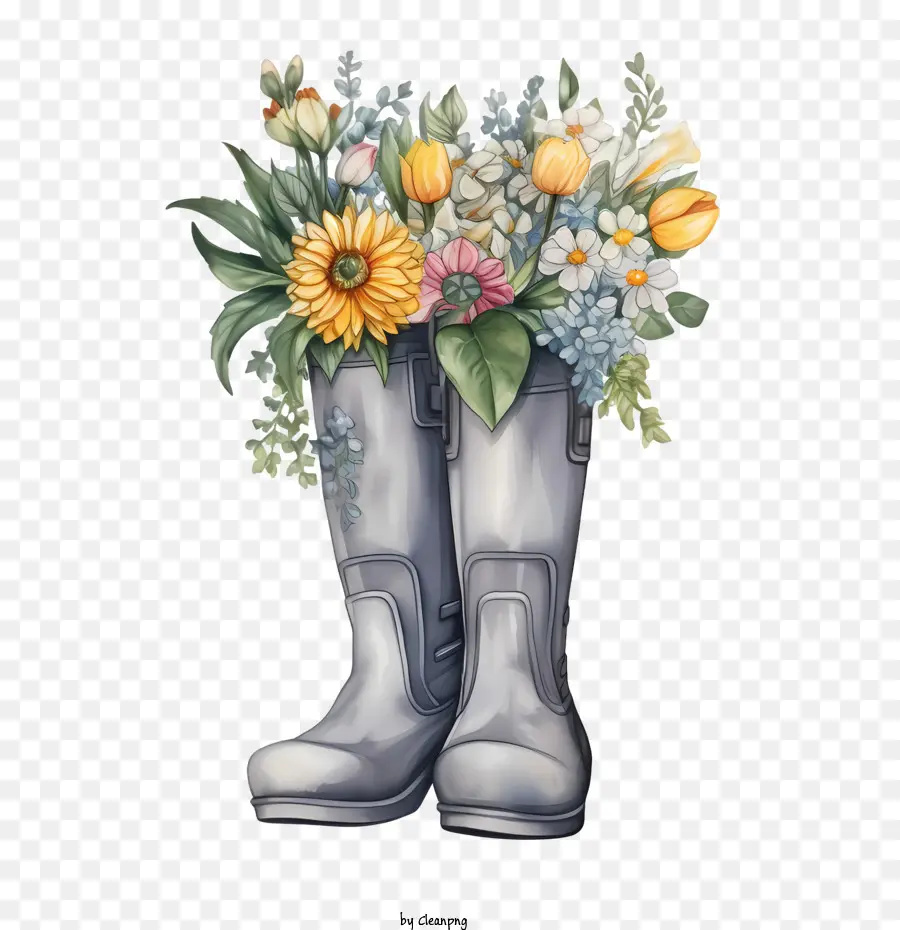 Botas De Goma，Botas Azules Con Flores PNG