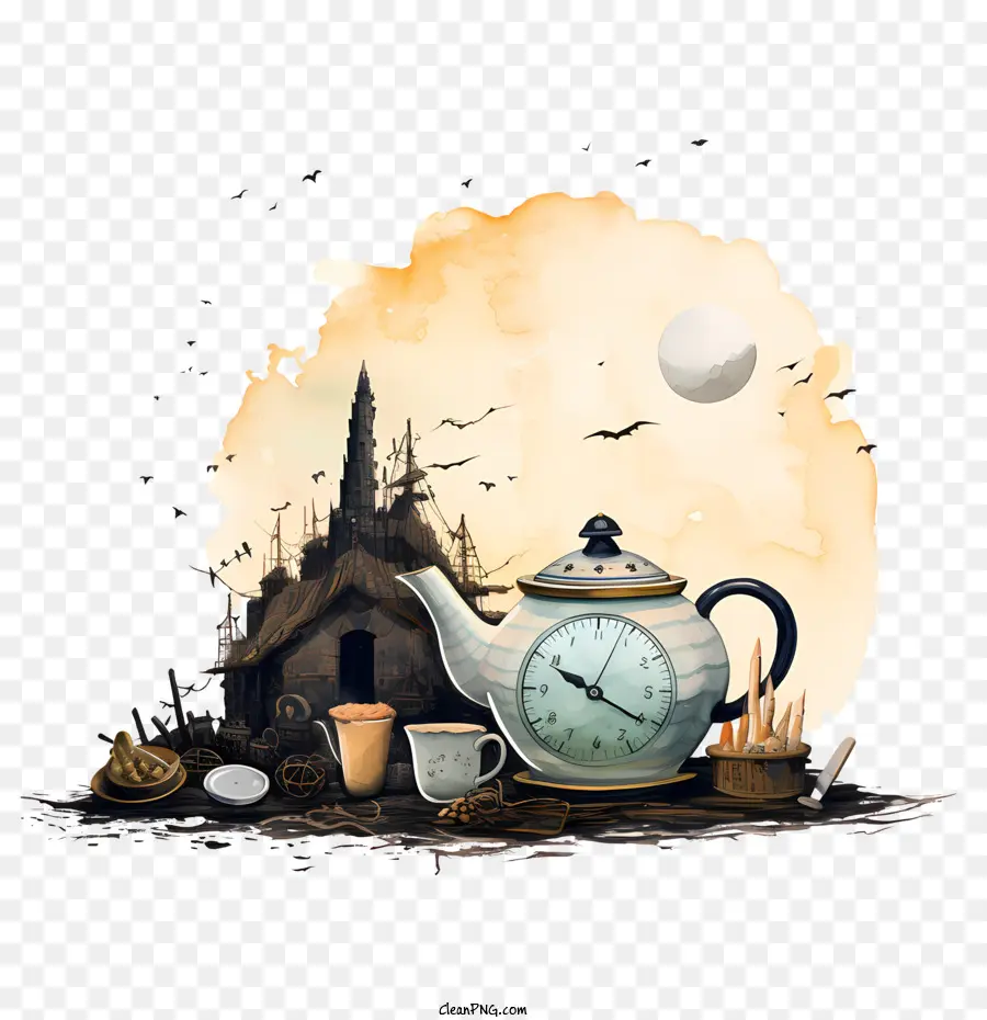 Día Internacional Del Té，Tetera Con Reloj PNG