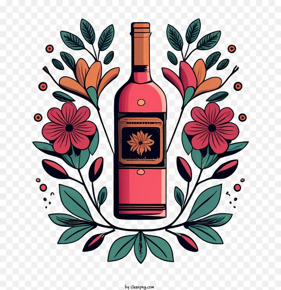 Botella De Vino，Diseño Floral PNG