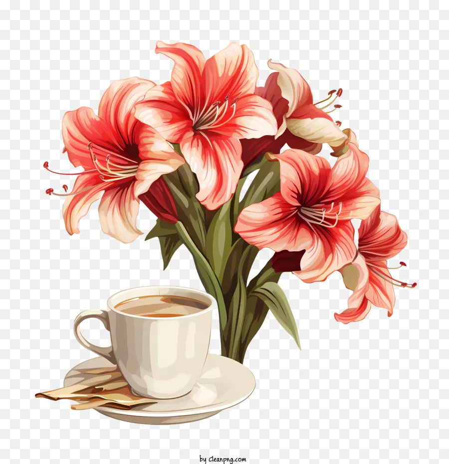 Flor De Amarilis，Flores Rojas Y Taza De Café PNG