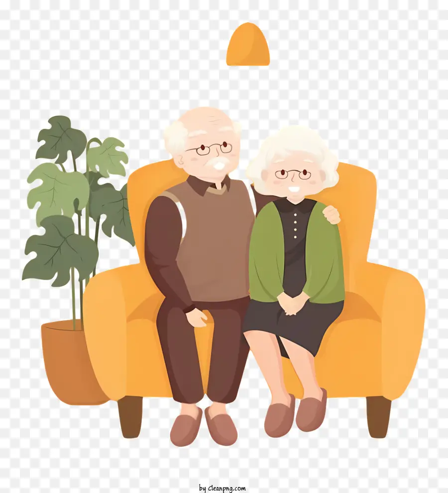 Pareja De Ancianos，Sofá Naranja PNG