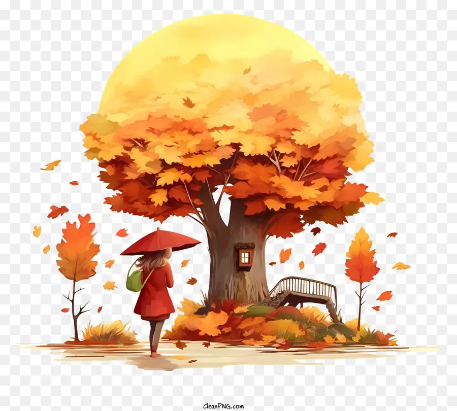 Mujer Con Abrigo Rojo，árbol De Otoño PNG