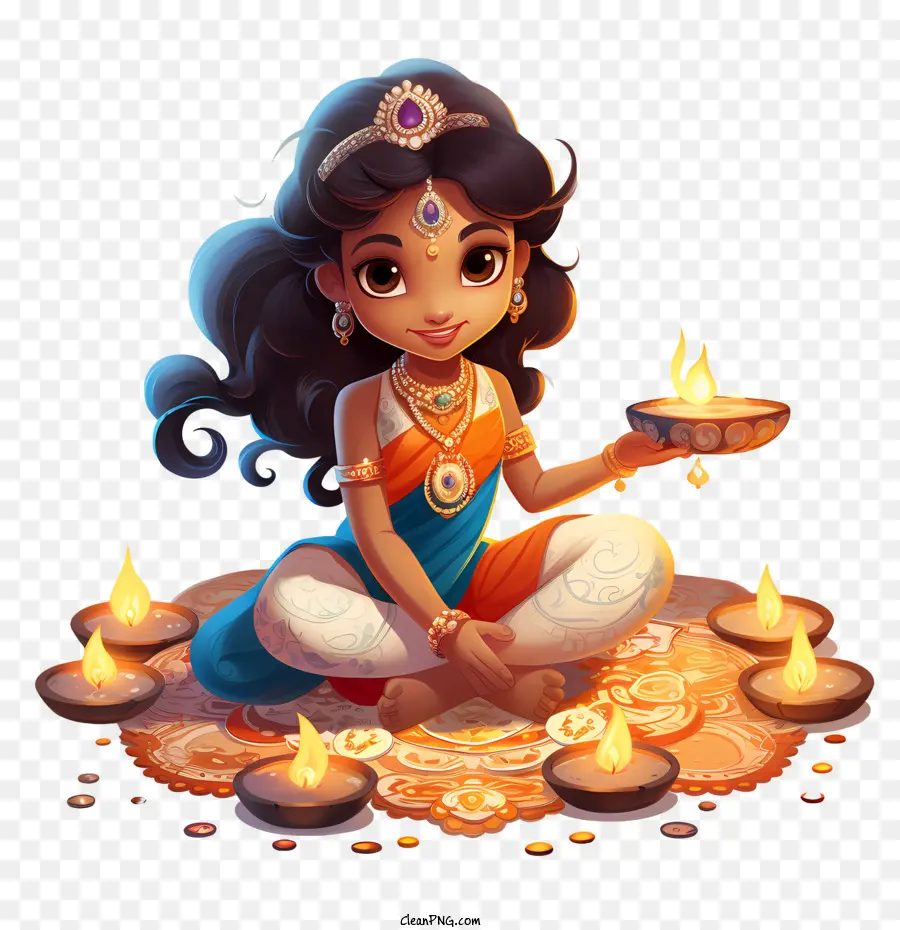 Diwali Rangoli Y Diyas，Chica Con Lámparas PNG