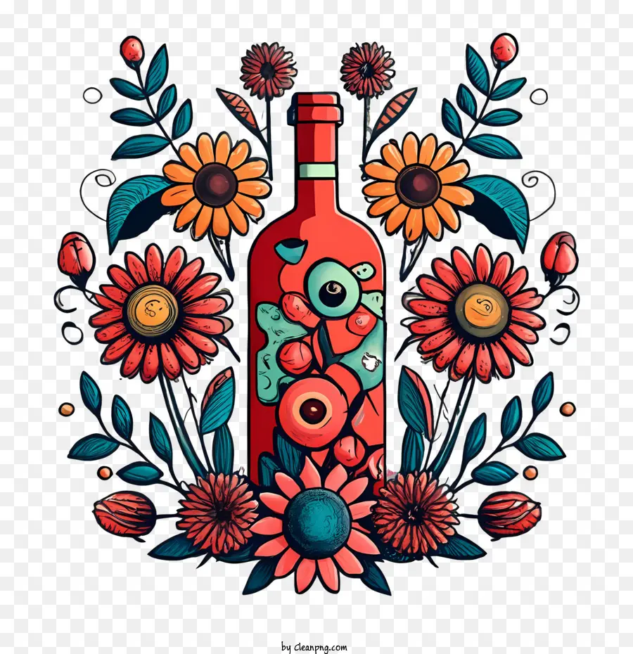 Botella De Vino，Floral PNG