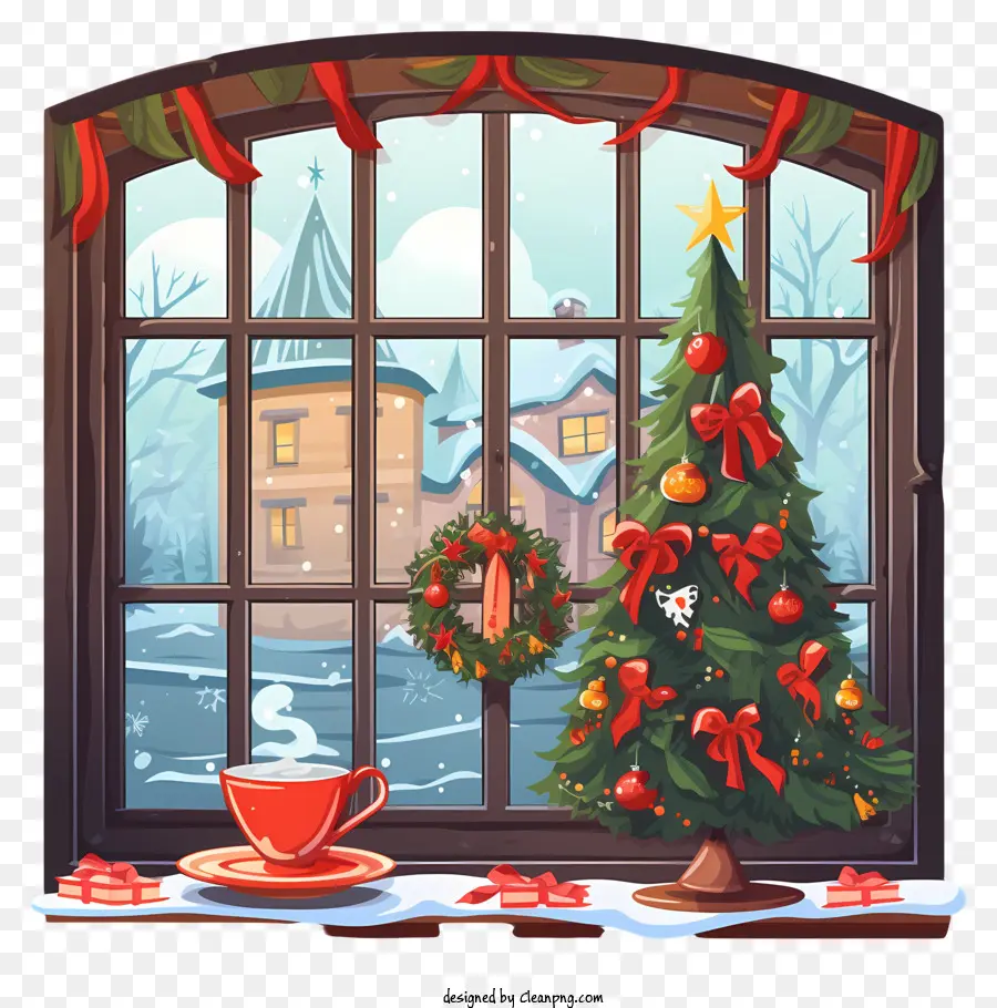 Decoración De Ventanas Festivas，árbol De Navidad PNG