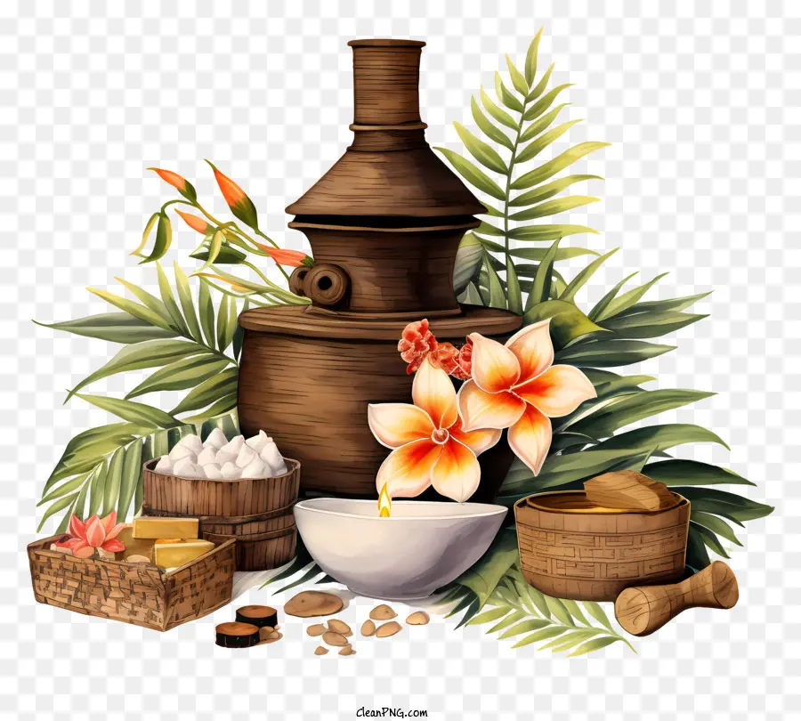 Olla Marrón，Artículos De Spa Y Flores PNG