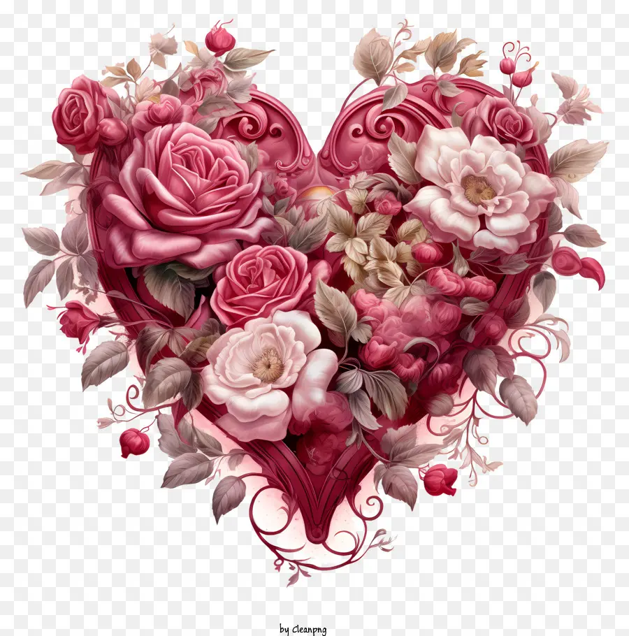 Ilustración Digital，Corazón Con Rosas PNG