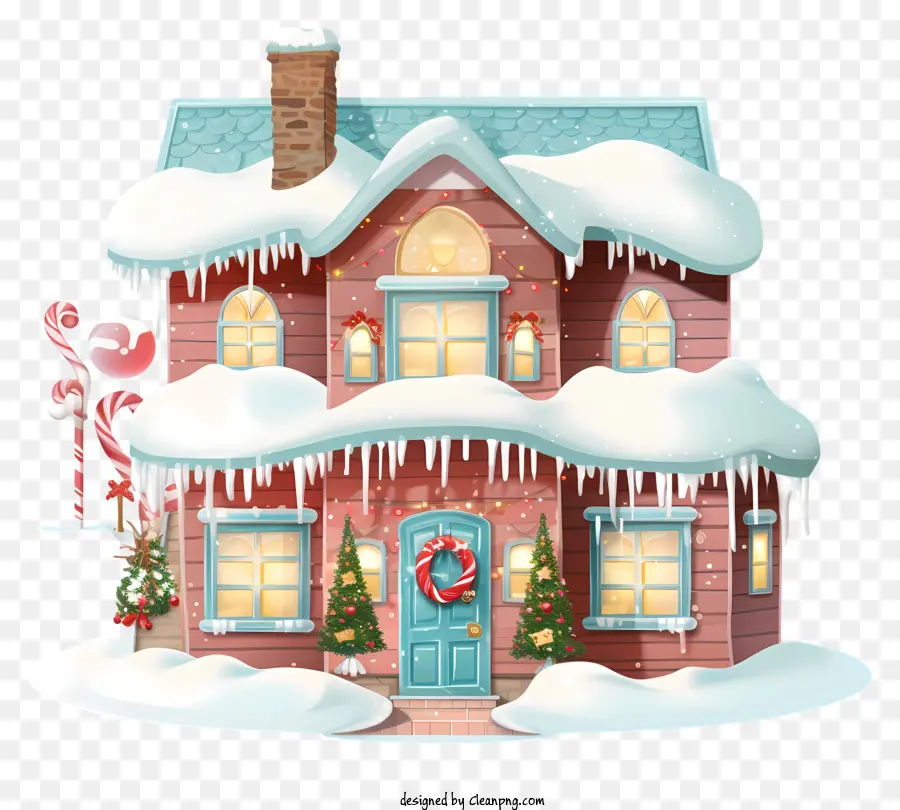 Decoración De La Casa De Invierno，Casa Rosa Con Nieve PNG