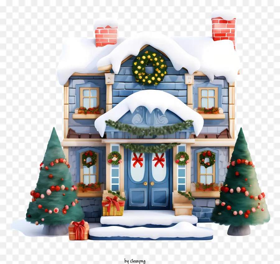 Casa Azul Y Blanca，Ventana De Navidad PNG