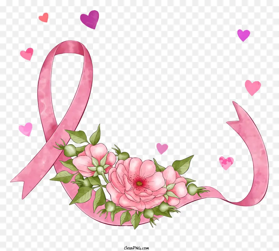 Cáncer De Mama，Cinta Rosa Con Flores PNG