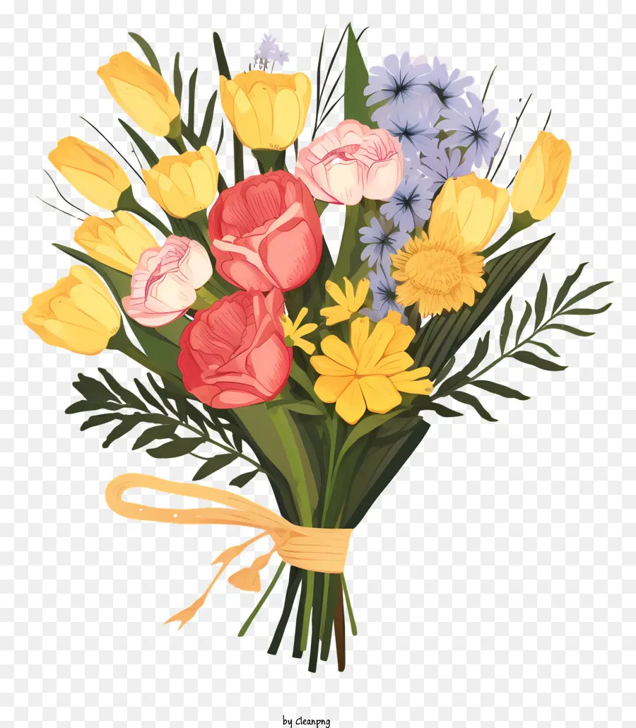 Bouquet Of Flowers，Tulipanes Amarillos Y Rosas PNG