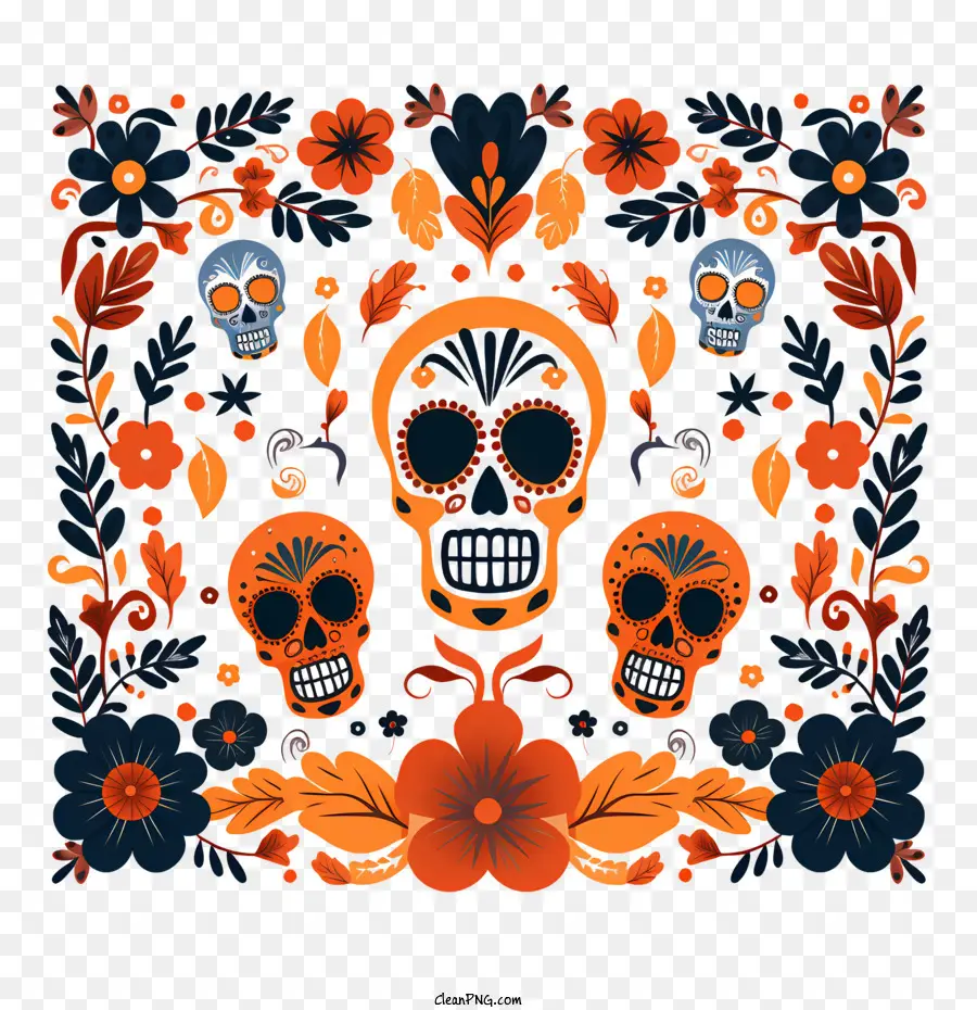 Día De Muertos，Calaveras Y Flores De Colores PNG