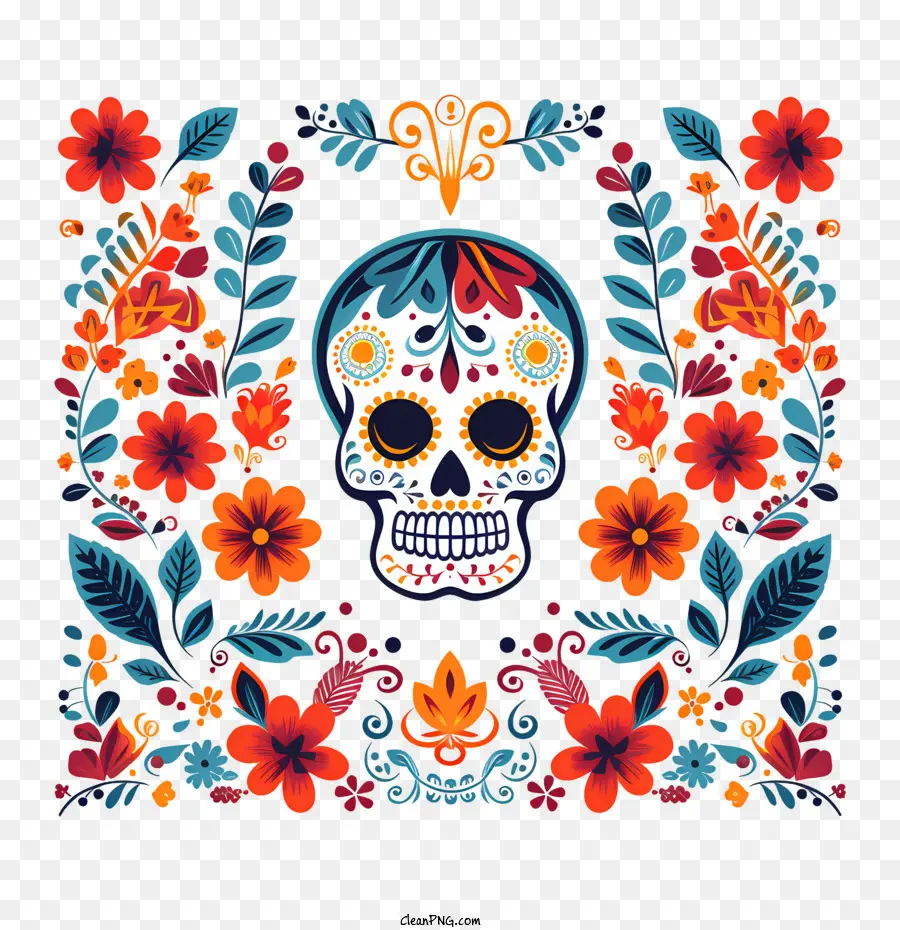 Día De Muertos，Calaveras Y Flores De Colores PNG