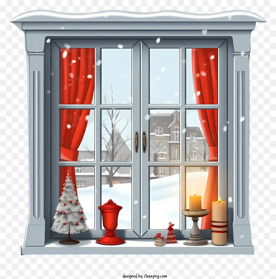 Ventana Con Cortina Roja，Ventana De Invierno PNG