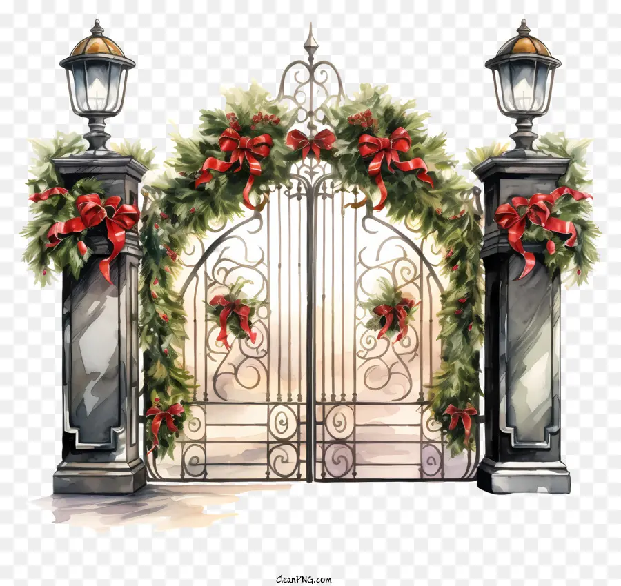 Puerta De Metal Decorada，Coronas De Flores PNG