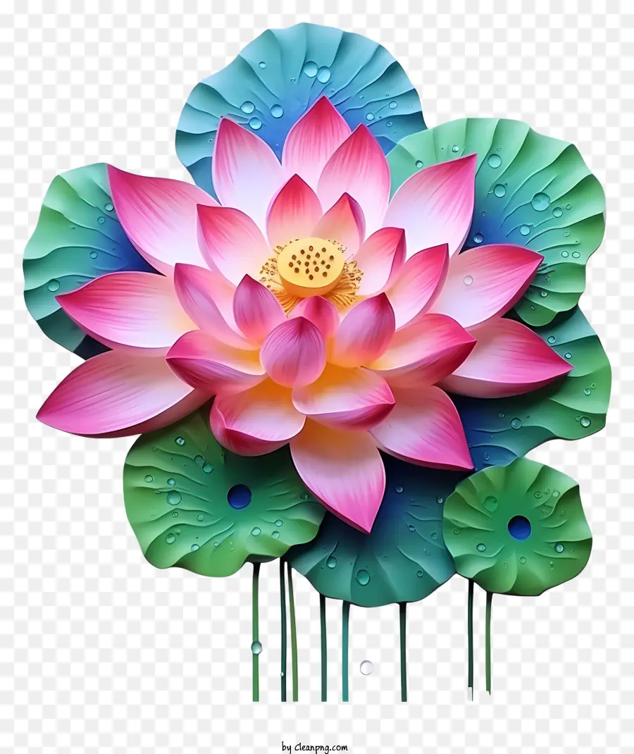 Flor De Loto Rosa，Hojas Verdes PNG