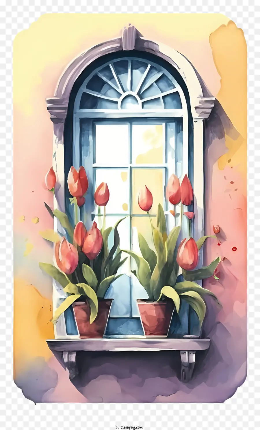 Ventana Con Tulipanes En Macetas，Ventana Con Tulipanes PNG