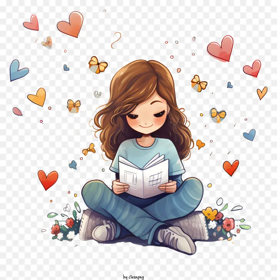 Ilustración De Dibujos Animados，Chica Leyendo Un Libro PNG