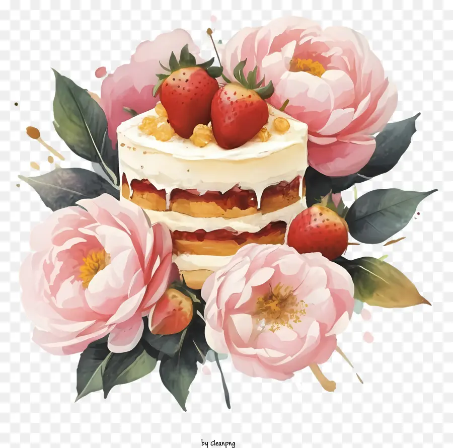 Las Peonías，Pastel Lleno De Fresas PNG