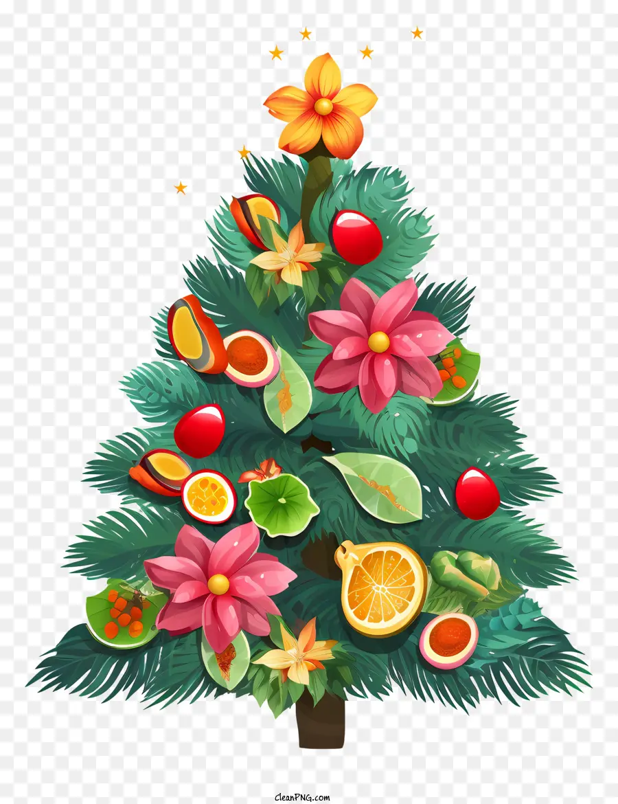 árbol De Navidad，Decoración De Frutas Y Flores PNG