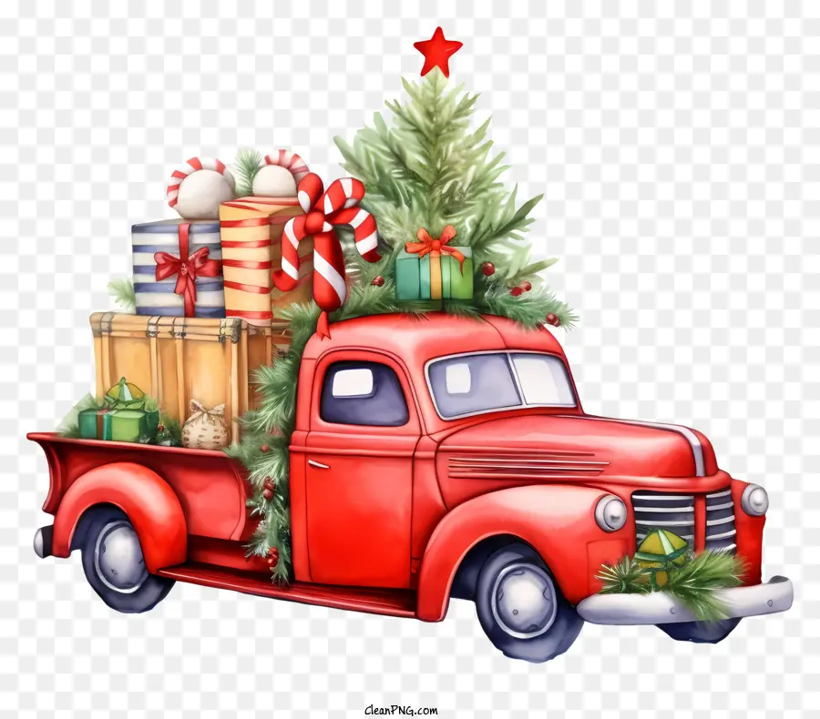 Camioneta Roja，árbol De Navidad PNG