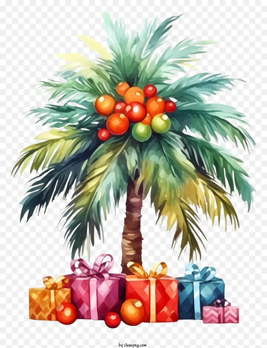 Decoración Navideña Con Palmeras，Palmera Con Regalos PNG