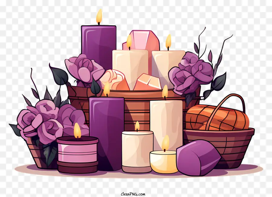 Cesta De Velas，Velas Y Flores PNG