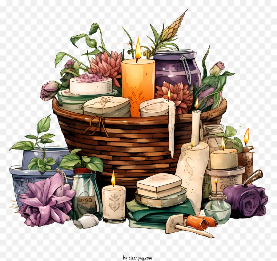 Cesta，Velas Y Flores PNG