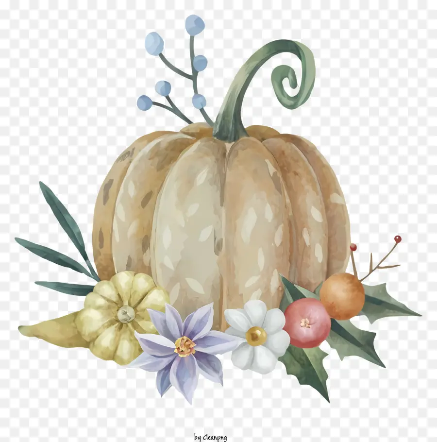 Ilustración Acuarela，Calabaza Con Flores PNG