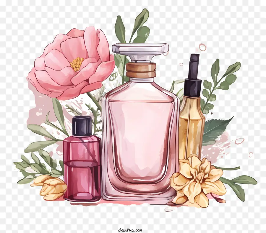 Botella De Perfume，Flores De Color Rosa PNG