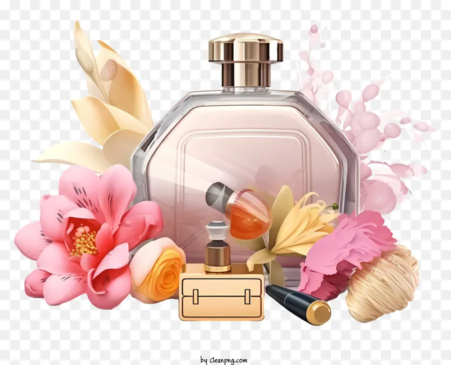 Botella De Perfume，Flores Blancas Y Rosas PNG