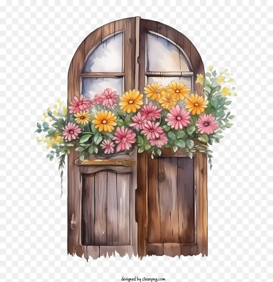 Puerta De Madera，Puerta Con Flores PNG