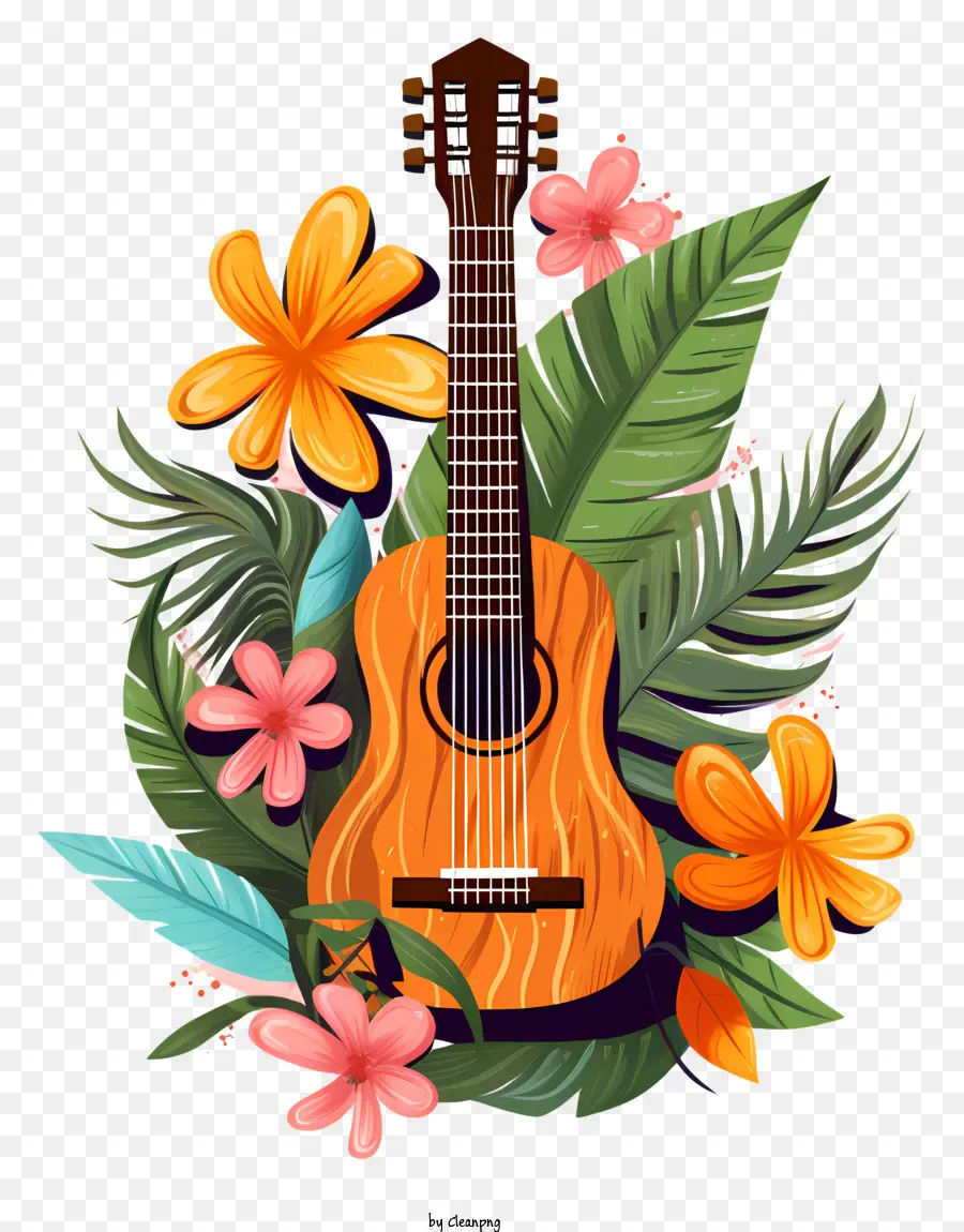 Guitarra De Madera，Guitarra Con Flores PNG