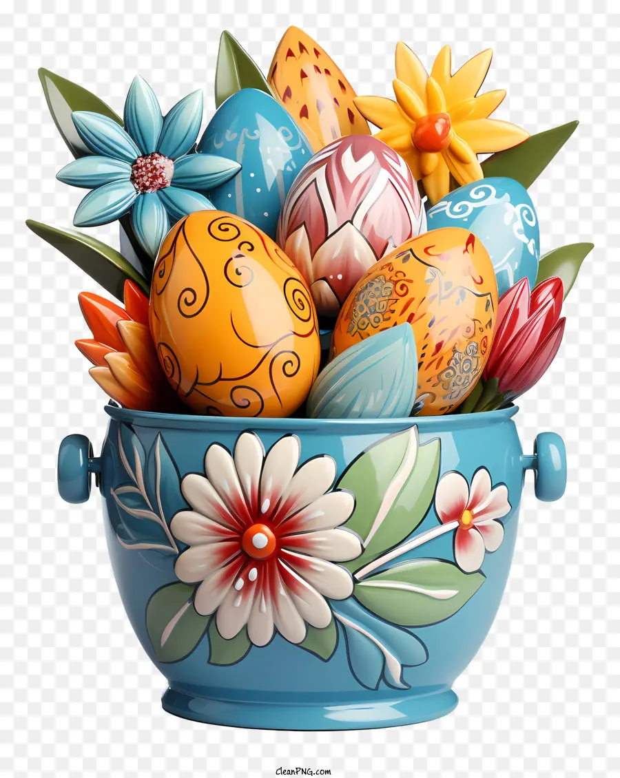 Cuenco De Cerámica Azul，Huevos De Pascua En Cesta PNG