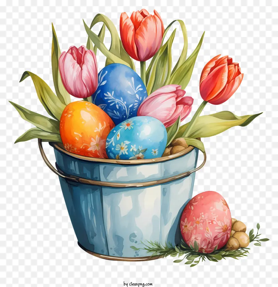 Florero，Huevos De Pascua Y Tulipanes PNG