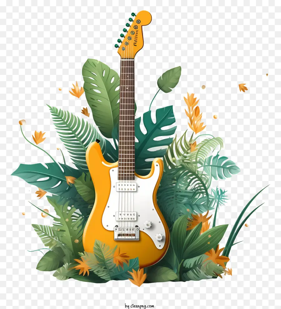 Guitarra Electrica Amarilla，Guitarra Con Flores PNG