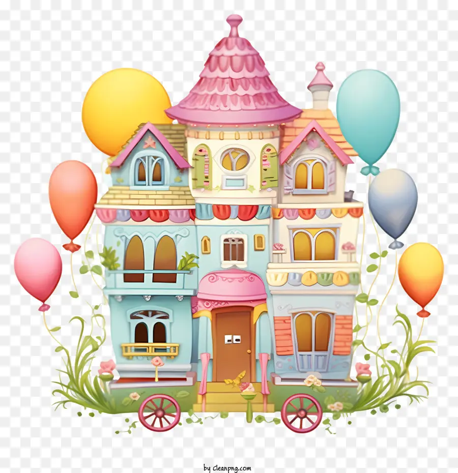 Linda Casa De Dibujos Animados，Casa Con Globos PNG